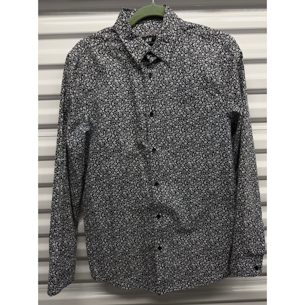 HM Mens Slim Fit Easy Iron Floral Button Down Shirt Navy Blue White Size Medium